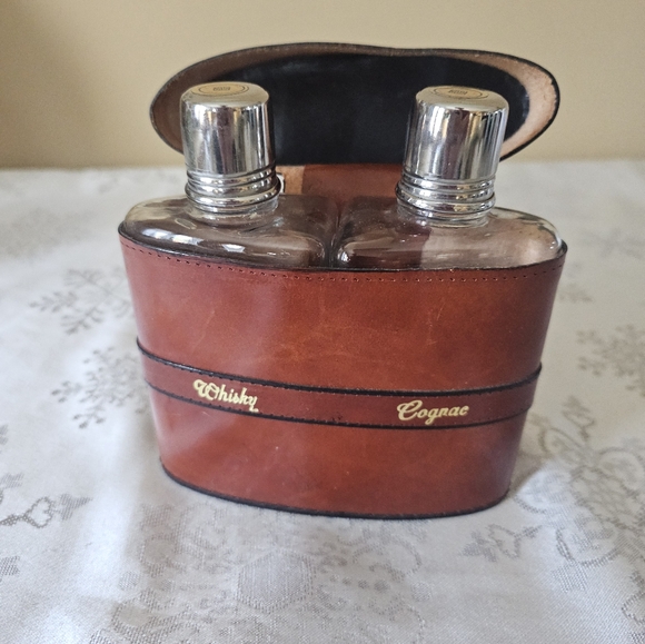Other - Brown Leather and Glass  Whiskey and Cognac Flask Set Hip Flask Gift
